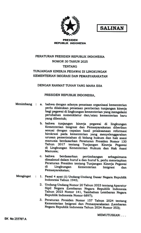 Peraturan Presiden (Perpres) Nomor 30 Tahun 2025 tentang Tunjangan Kinerja Pegawai di Lingkungan Kementerian Imigrasi dan Pemasyarakatan